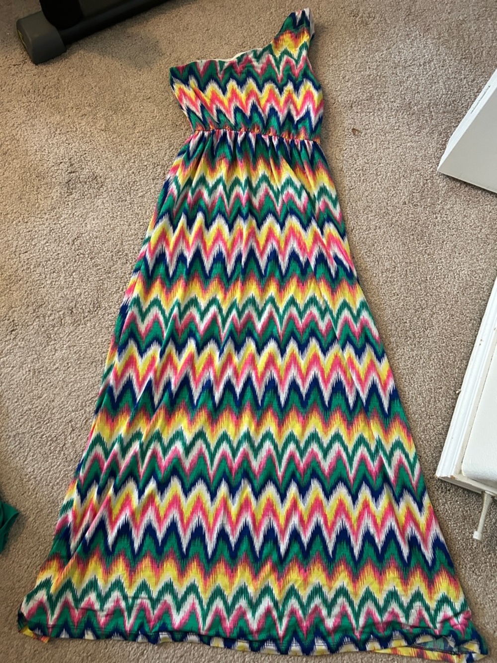 Auditions One-Shoulder Chevron Maxi Dress in Green, Yellow, Pink, Blue